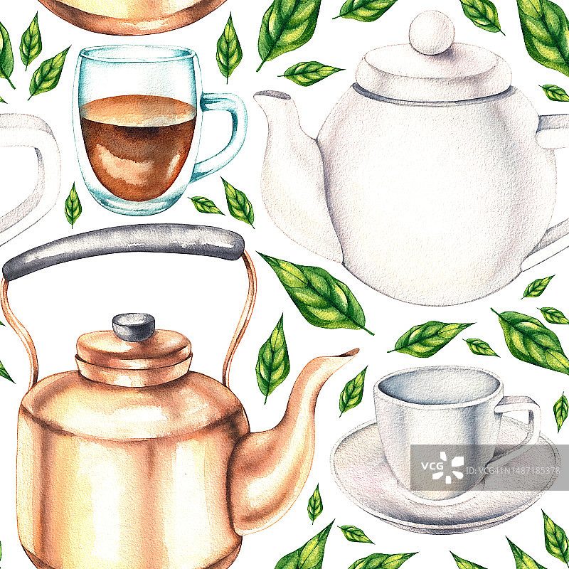 水彩图案的饮茶器具上有一株白色的茶树图片素材