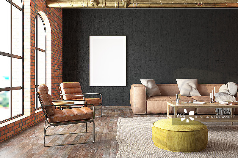 工业风格阁楼客厅室内与模拟相框和家具图片素材