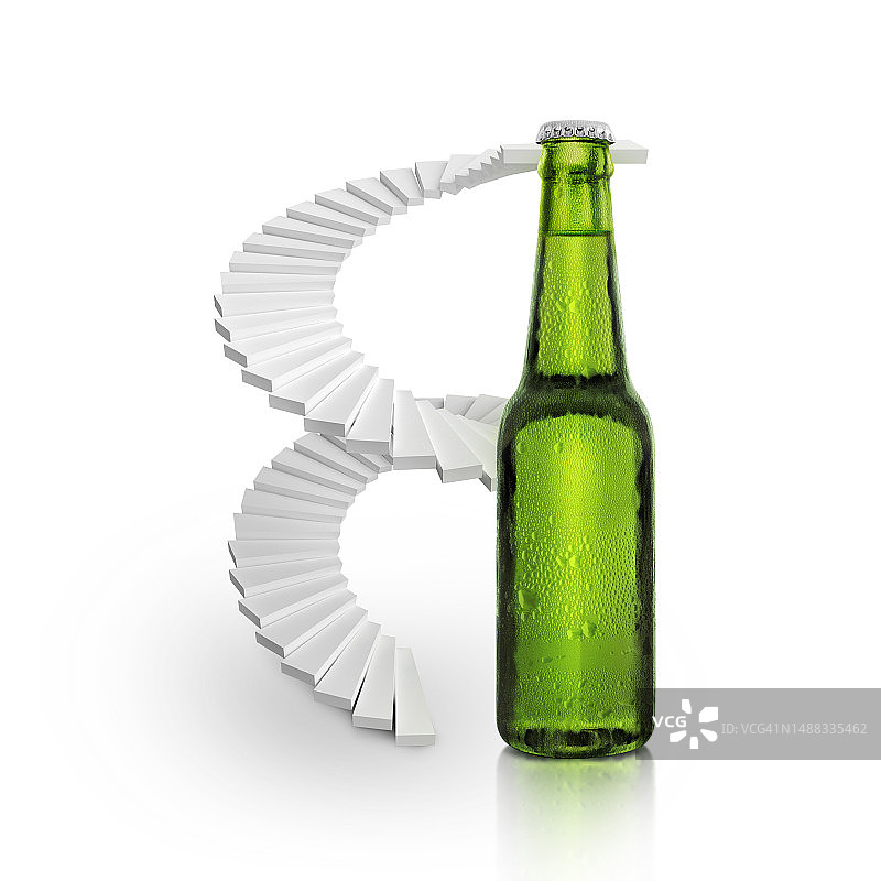 白色背景上有水珠凝结的绿色啤酒瓶图片素材