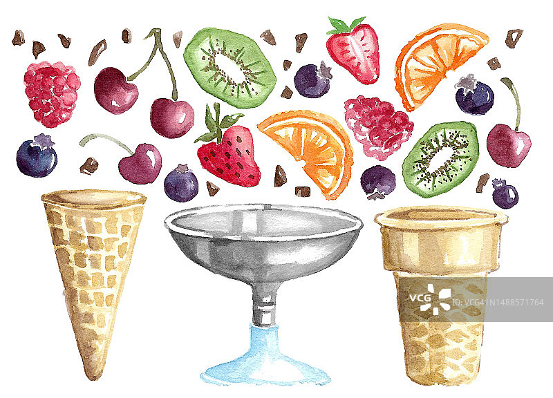 一套水果，冰淇淋的华夫蛋筒和一个金属碗被隔离在白色的背景上。图片素材