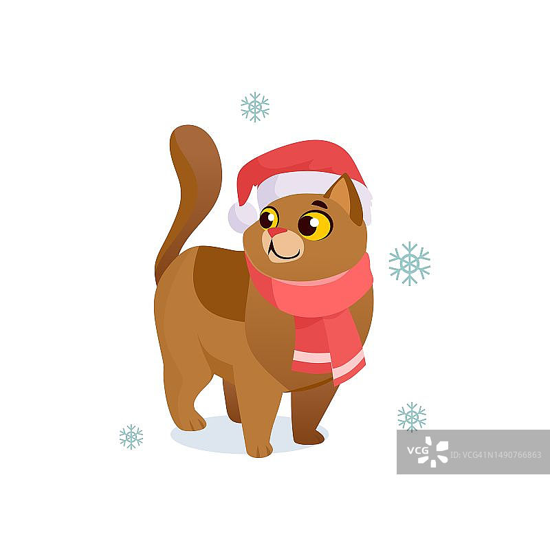 可爱的红猫孤立在圣诞老人的帽子和围巾与雪花白色的背景图片素材