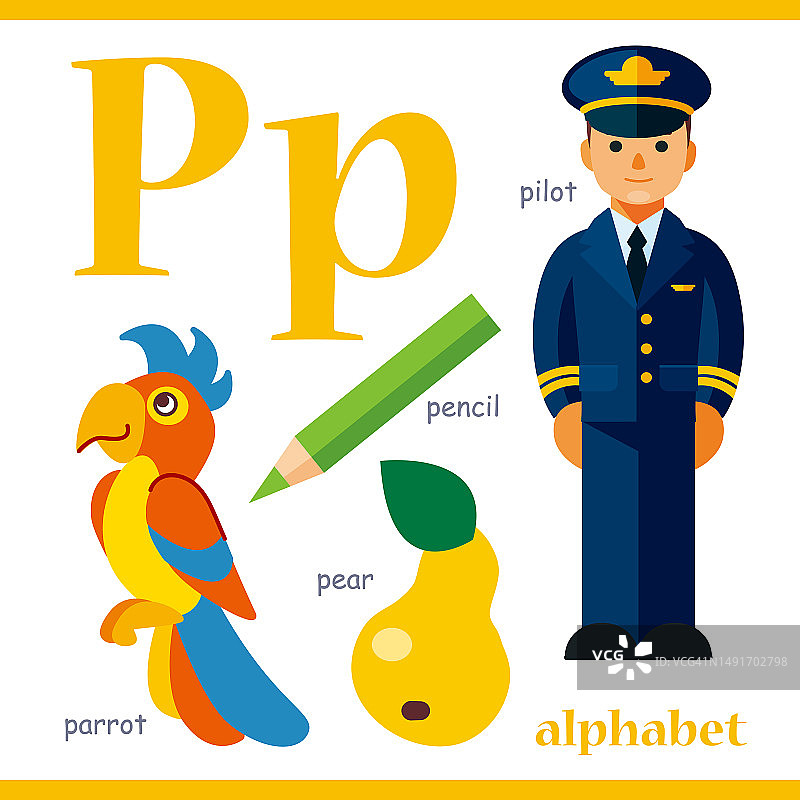 字母P与卡通词汇插图:飞行员，铅笔，鹦鹉，梨。可爱的儿童ABC字母卡，带字母P，适合孩子学习英语词汇。图片素材