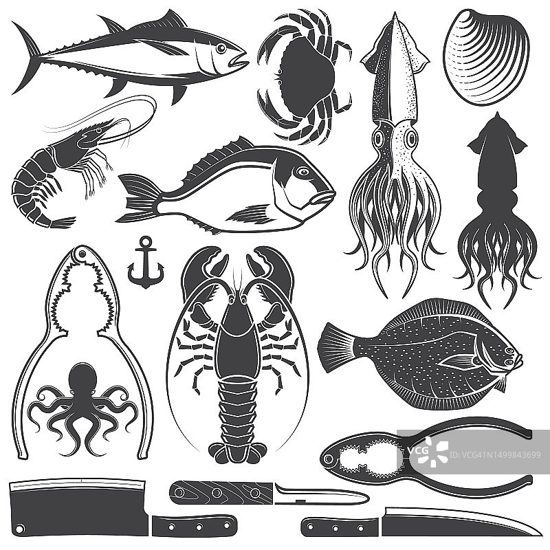 一套海鲜剪影平面图标剪影。海洋动物的形状。水下世界。套装包括菜刀、贝壳、软体动物、贻贝、章鱼、鱿鱼、螃蟹、金枪鱼、龙虾、虾、多拉鱼、章鱼、螃蟹、比目鱼、贻贝及蛤蜊。图片素材