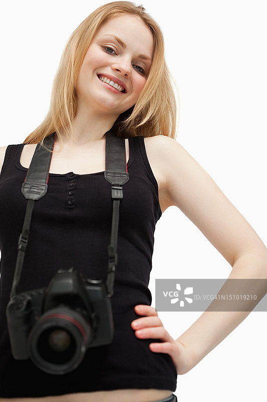 快乐的女人拿着相机图片素材