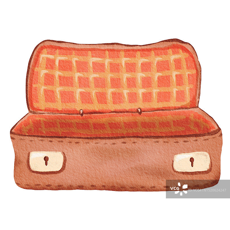 时尚的开空棕色复古行李箱锁。准备好度假了。老式皮包。旅行的东西。手绘复古包。游客的行李。水彩彩色孤立插图。图片素材