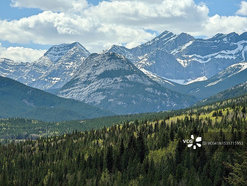 白雪皑皑的加拿大落基山脉的森林和山坡景观(加拿大Kananaskis AB)图片素材