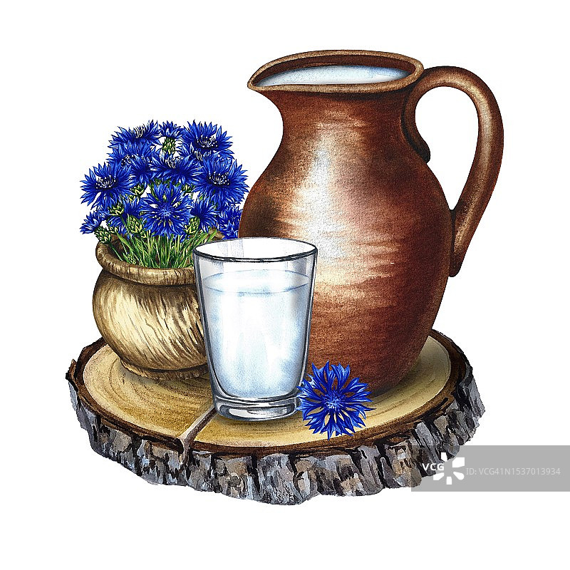 乳制品。陶瓷锅和一杯牛奶。这幅画用矢车菊装饰。水彩手绘插图。用于牛奶促销横幅和传单，乳制品标签包装。图片素材