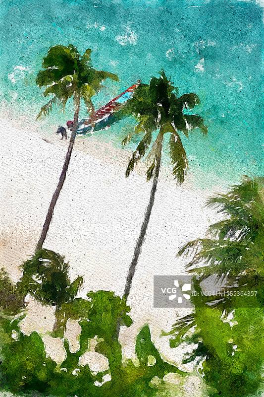一个宁静的海景彩色抽象水彩画。安通群岛，苏梅岛，素拉他尼，泰国图片素材