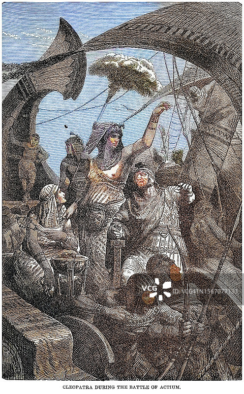 阿克提姆海战的古雕刻插图，这是一场海战，交战双方是屋大维由马库斯·阿格里帕率领的海上舰队与马克·安东尼和克利奥帕特拉七世的联合舰队(公元前31年9月2日)。图片素材