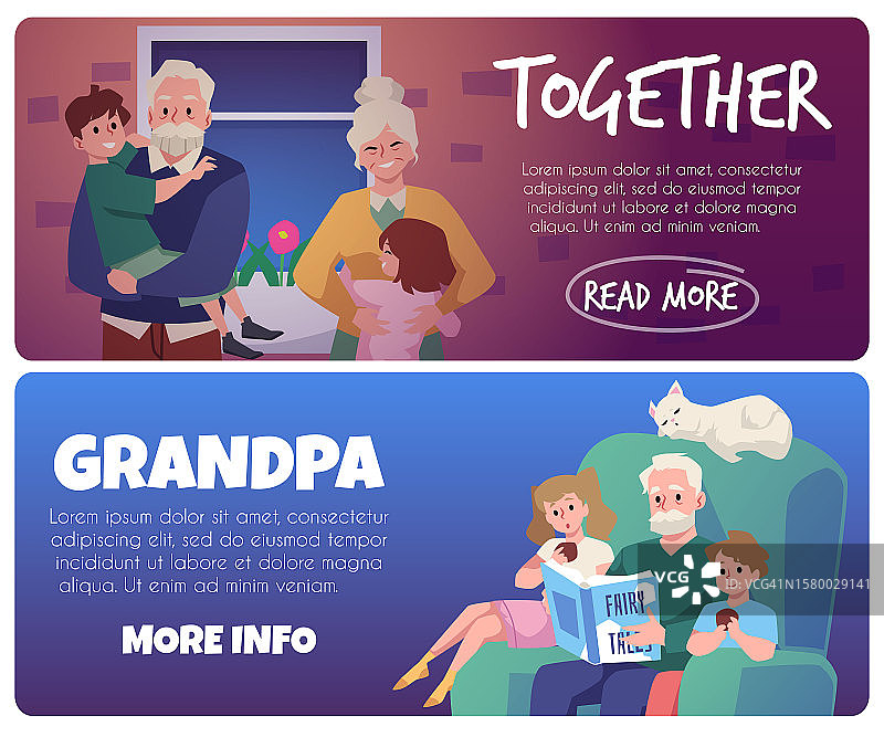孙子和祖父母花时间在一起，网页横幅设置，平面矢量插图。爷爷给孩子们读童话书。孩子们拥抱爷爷奶奶。图片素材