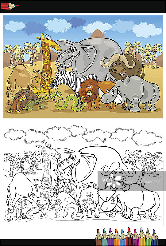 狩猎野生动物漫画着色书图片素材