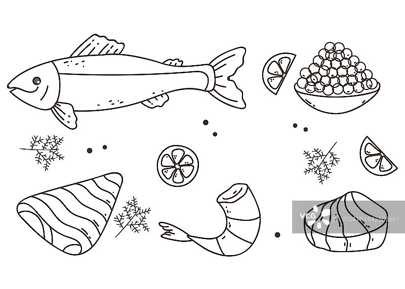 海鲜食品素描孤立集。矢量平面图形设计插图图片素材