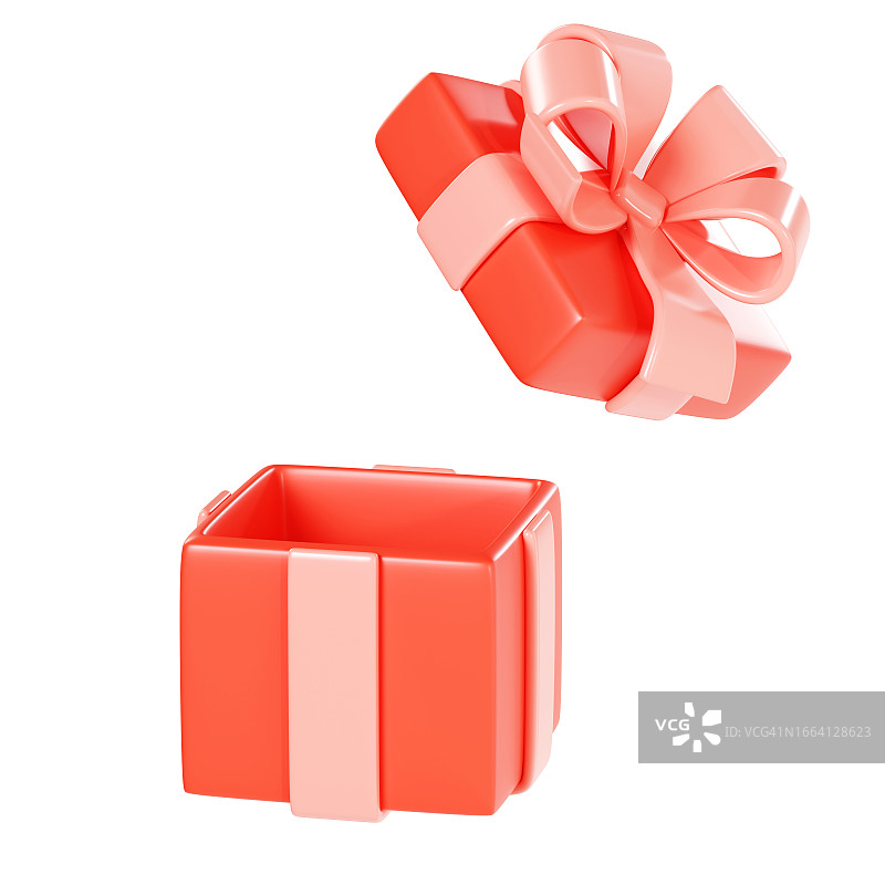 打开红色礼盒，粉红色的丝带和蝴蝶结，礼盒的盖子飞走了。3d渲染插图。图片素材