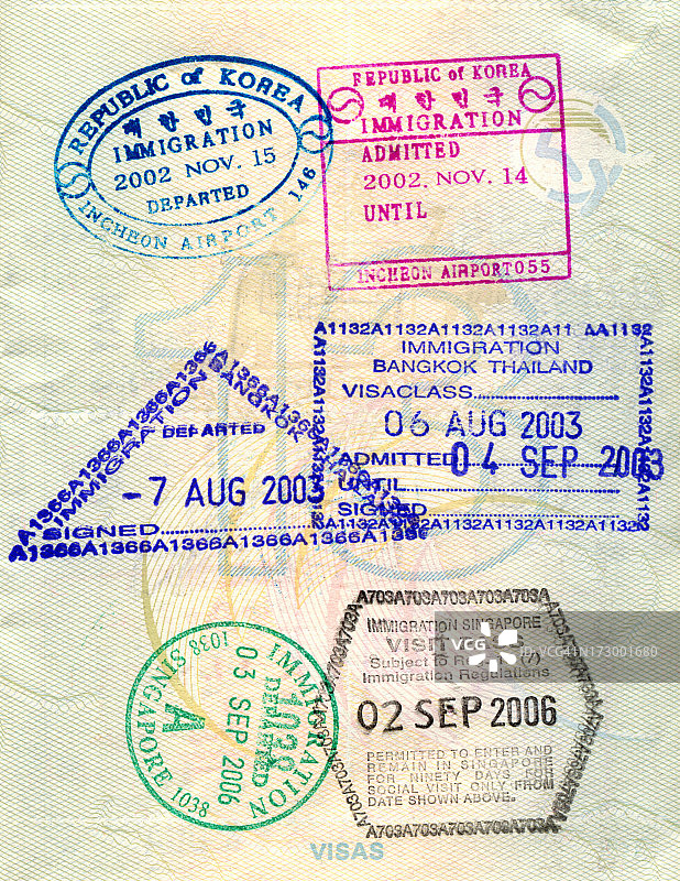 护照邮票-韩国，新加坡和泰国图片素材