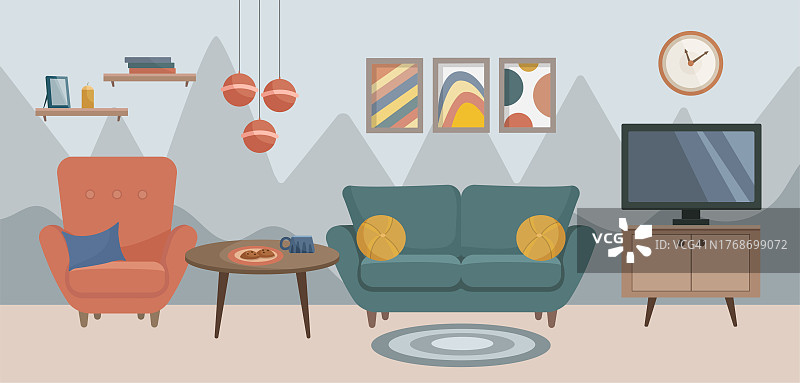 客厅内饰有沙发、油画、茶几、扶手椅、电视。客厅。家里的家具。矢量插图在平面风格图片素材