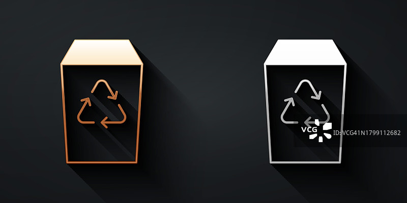 黄金和白银回收站与回收符号图标孤立的黑色背景。垃圾桶图标。垃圾桶标志。回收箱标志。长影式。向量图片素材