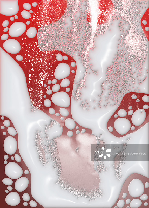 白色和红色液体的混合物，带有气泡和浮雕。图片素材