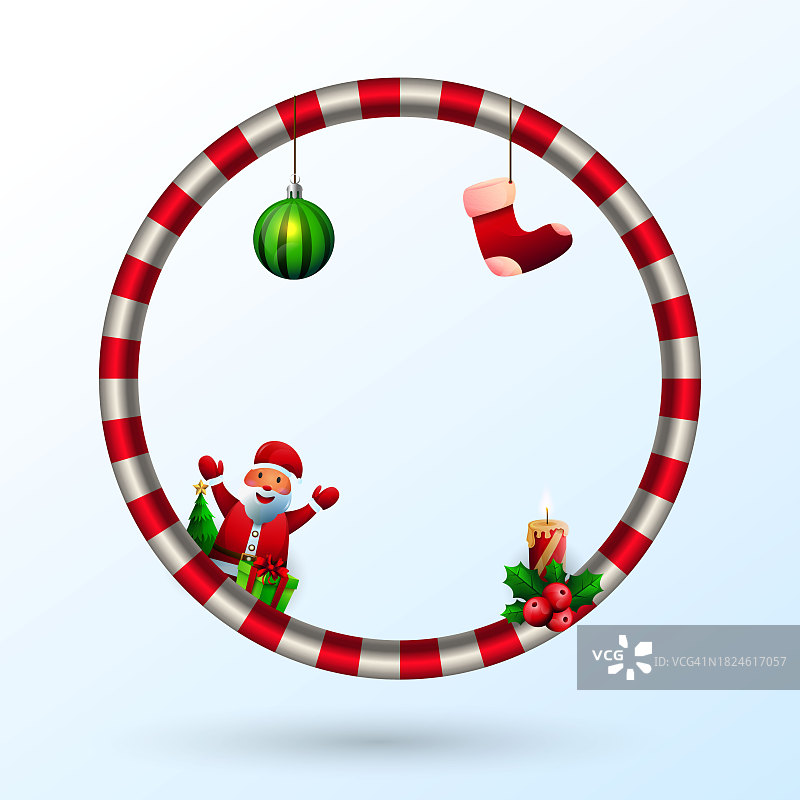 采购产品圣诞糖果手杖圆形框架与圣诞老人，礼物，蜡烛，冬青和浆果圣诞饰品图片素材