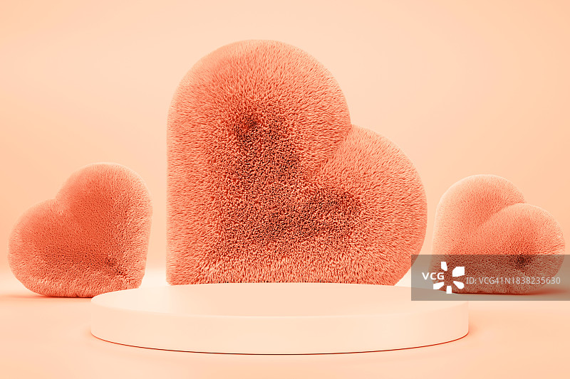 2024年度最佳颜色:桃毛概念。柔和的米色平台，展示产品的底座和粉红色背景上柔软蓬松的心。喜庆的3D图案，构图。副本的空间。设计元素。图片素材