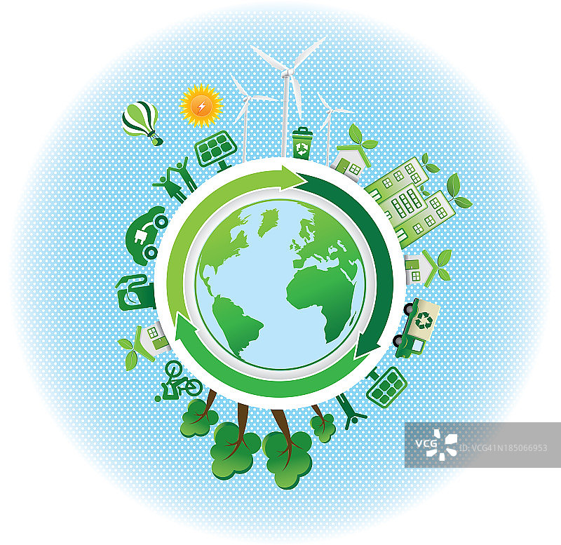 生态绿色图标与世界地图图片素材