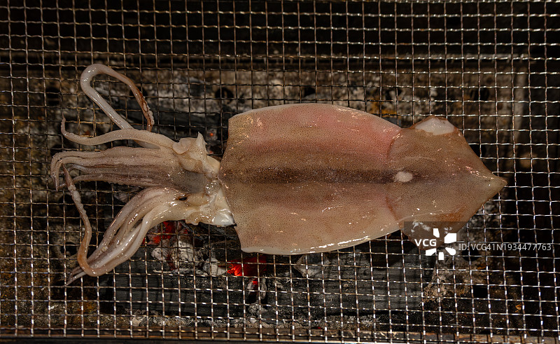 北海道钏路Robata-yaki烧烤架上的鱿鱼图片素材