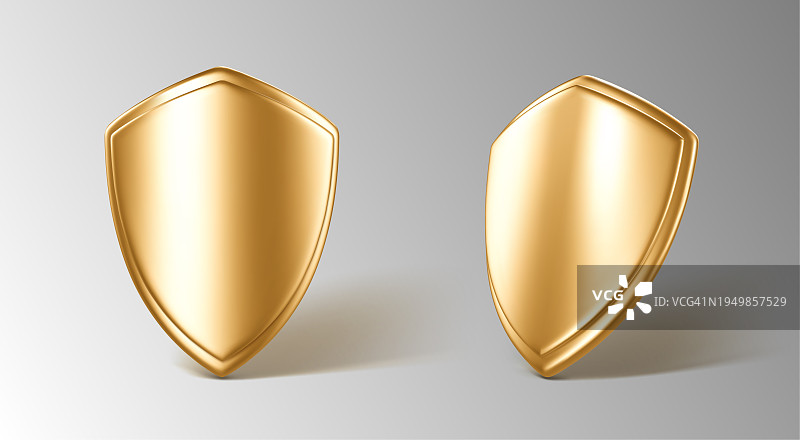 3D逼真的金色盾牌。安全保护的概念。矢量三维插图图片素材