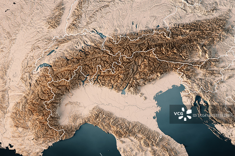 阿尔卑斯山脉3D渲染地形图暗海洋中性边界图片素材