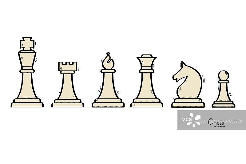 手绘棋子图标集。国王，王后，兵，马和车矢量设计。图片素材