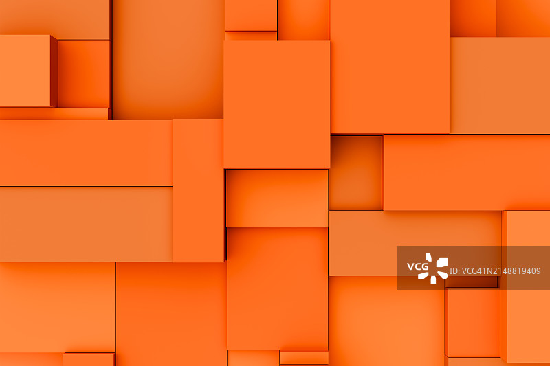 明亮的橙色立方体，方形形状，矩形分层背景。抽象三维图案，几何构图。设计元素。图片素材