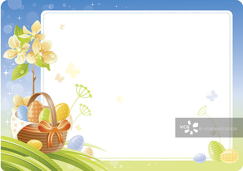 春天复活节的背景有开花的树枝，篮子和鸡蛋图片素材