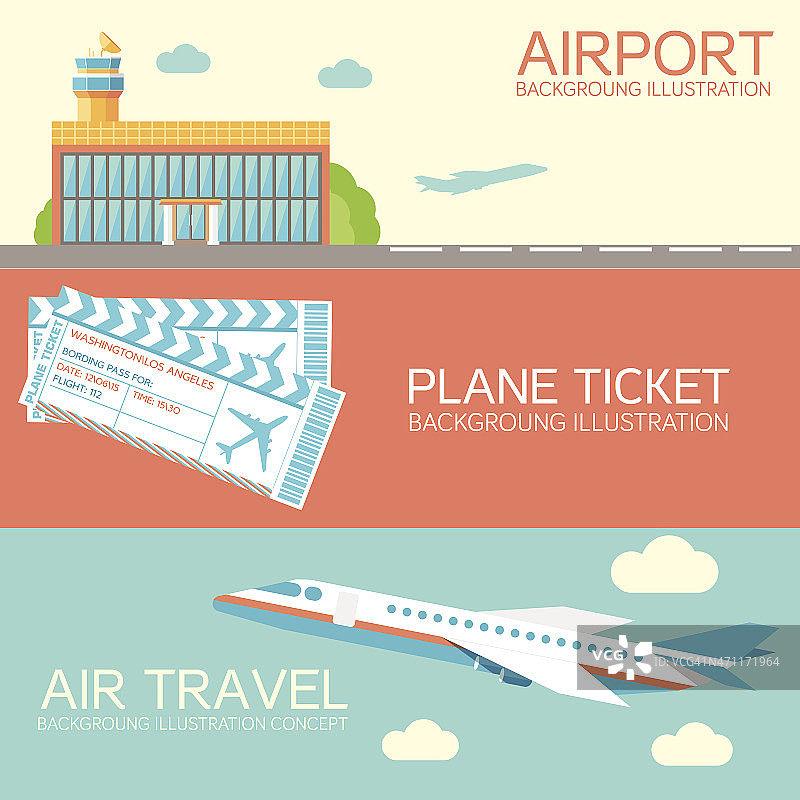 平地建设机场与飞行飞机旅游和机票横幅图片素材