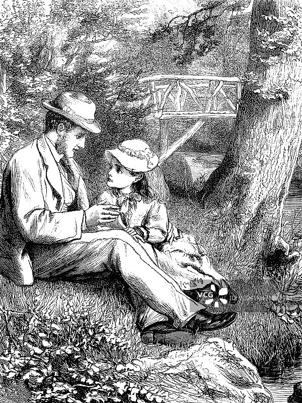 维多利亚时代的父亲给女儿讲故事图片素材