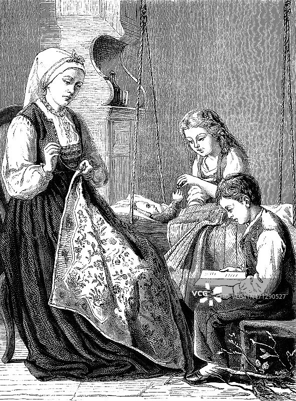 穿着传统服装的19世纪瑞典家庭图片素材