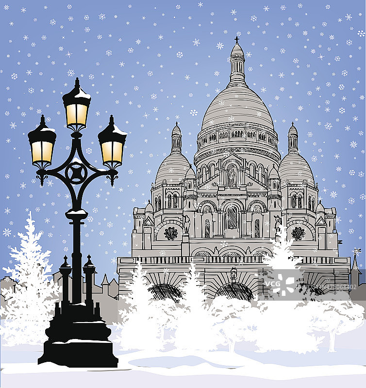 寒假的背景。冬天的巴黎地标。图片素材