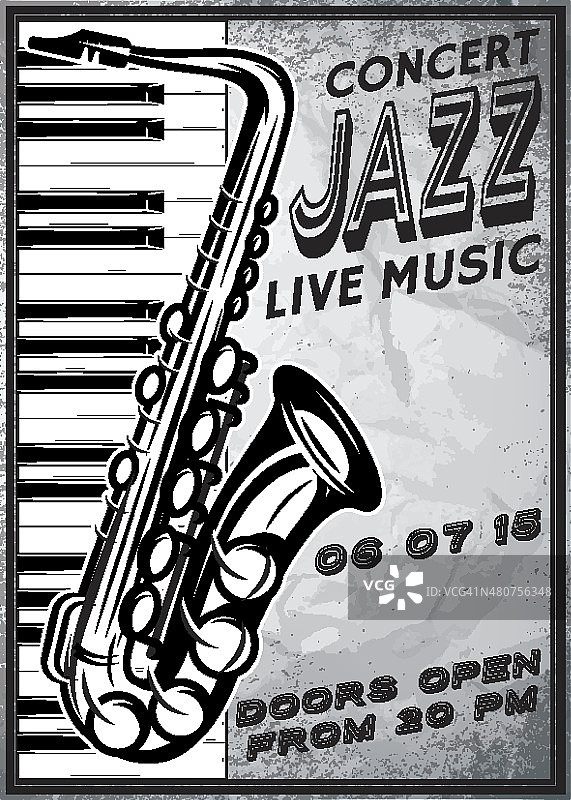 爵士音乐节的复古海报，配有萨克斯风和钢琴图片素材