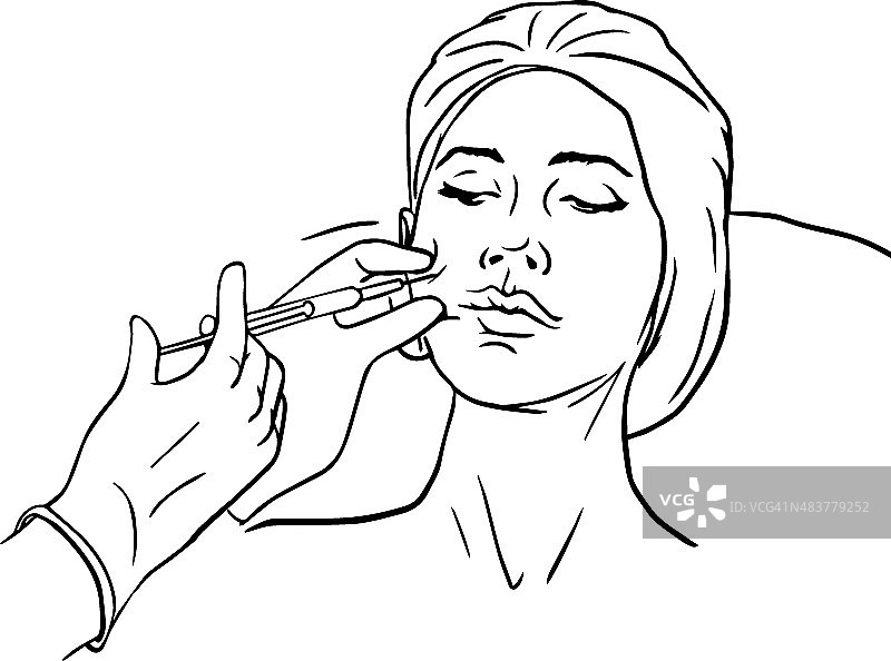 女性面部整容注射。向量大纲说明图片素材