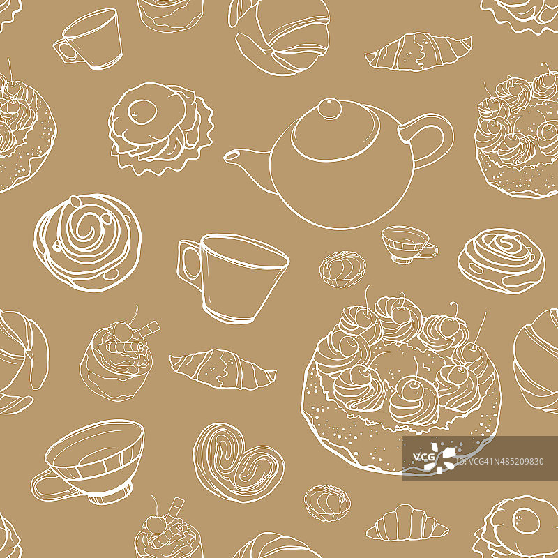 无缝矢量轮廓图案适用于烘焙、茶、糕点图片素材