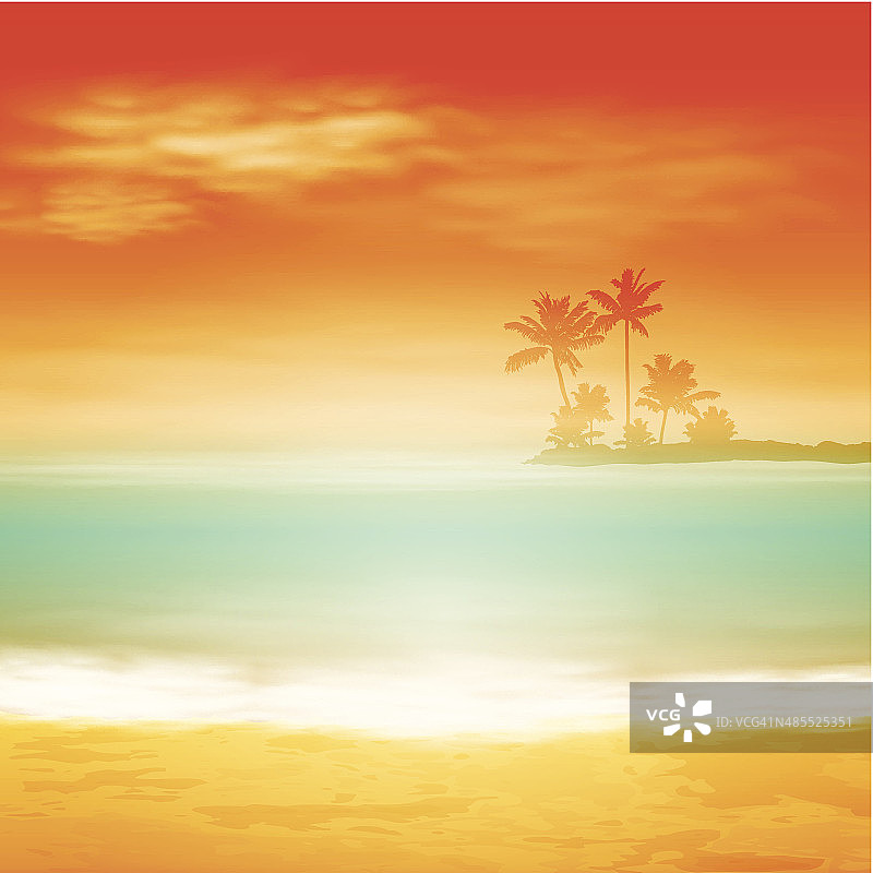 海上日落与岛屿和棕榈树。图片素材