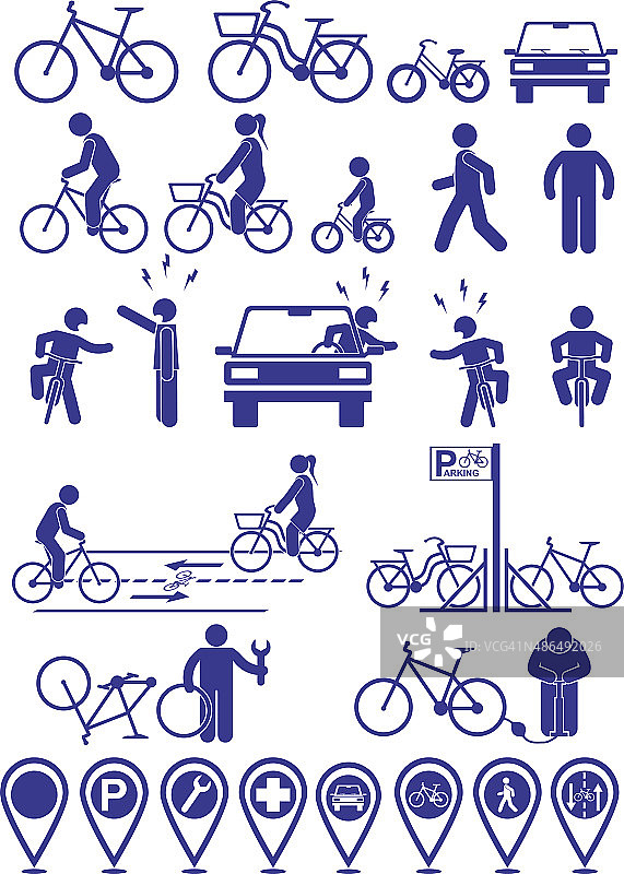 向量设置象形图自行车基础设施图标。图片素材
