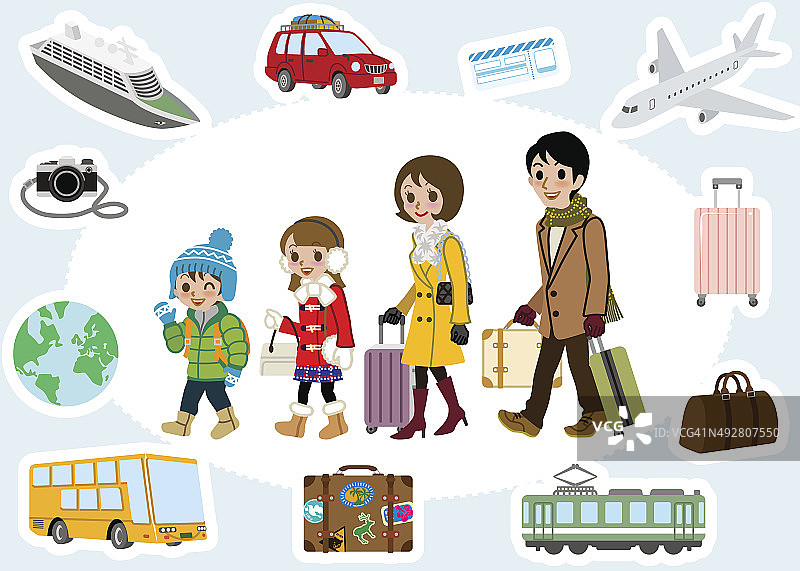 冬季家庭旅游和交通套餐图片素材