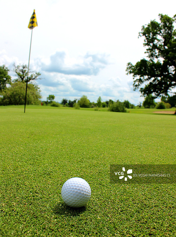 近景高尔夫球在草地上高尔夫球场的推杆绿图片素材