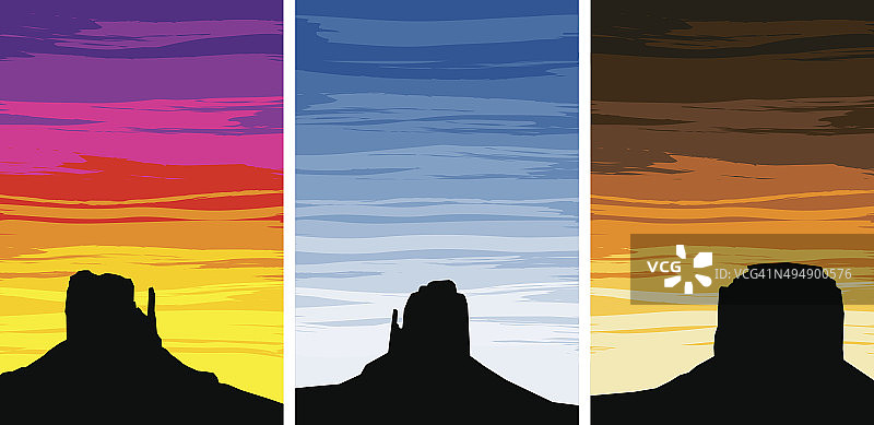 日出和日落时纪念碑谷的剪影图片素材