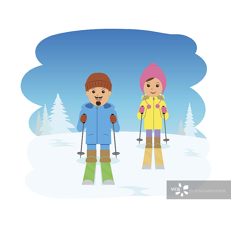 年轻夫妇滑雪。图片素材