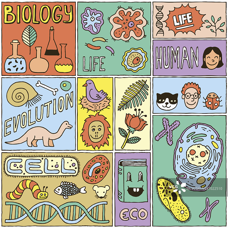 生物科学旗帜颜色集。手绘矢量插图。图片素材