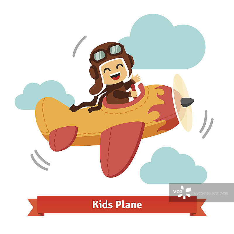 快乐微笑的孩子驾驶飞机像一个真正的飞行员图片素材