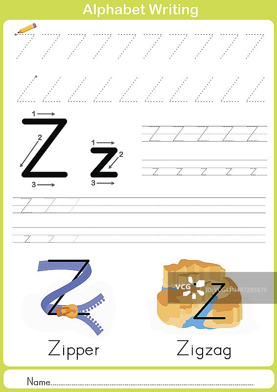 字母表A-Z跟踪工作表，儿童练习图片素材