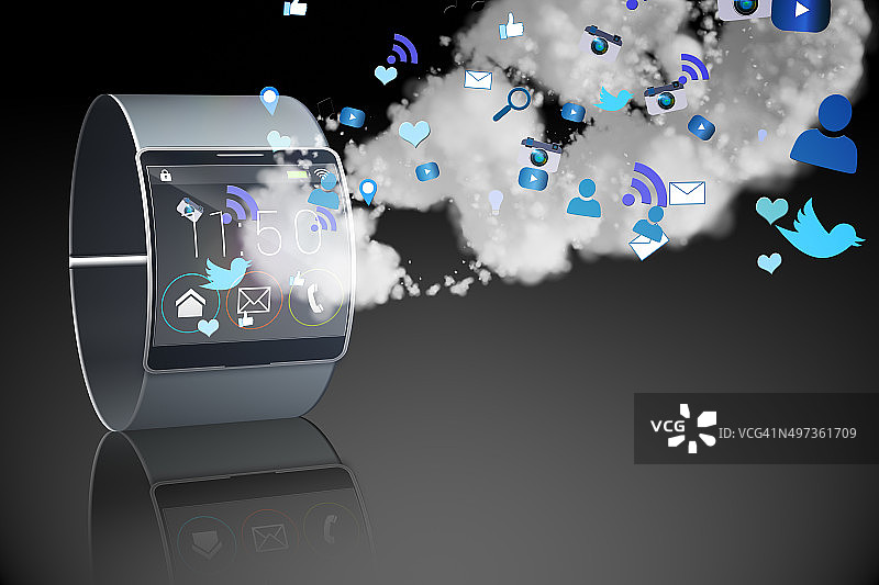 未来的黑色手表与云和应用程序图片素材