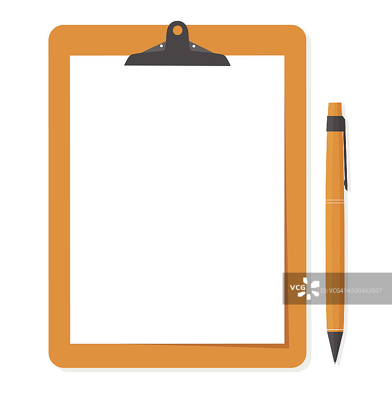 橙色的剪贴板，白纸和笔放在旁边。图片素材