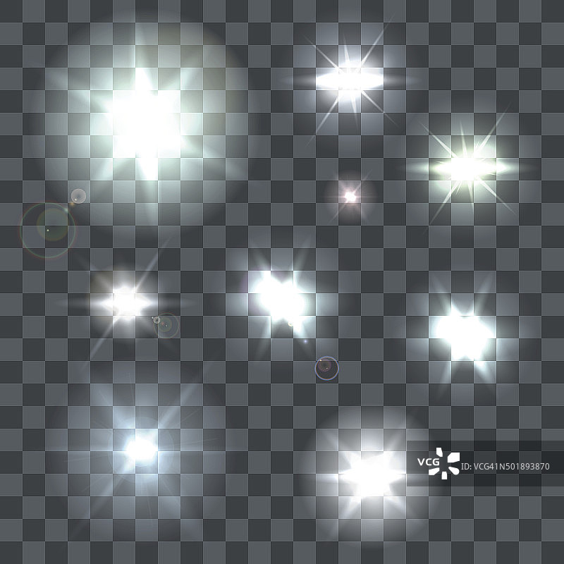 一组向量透镜耀斑光束和闪光透明图片素材