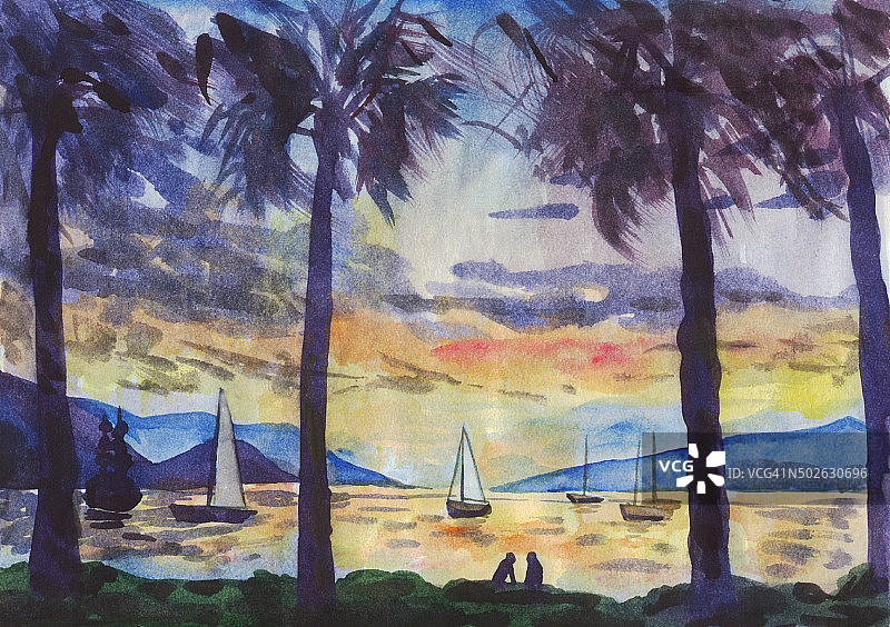 海的看法。棕榈树，船，山。水彩画图片素材